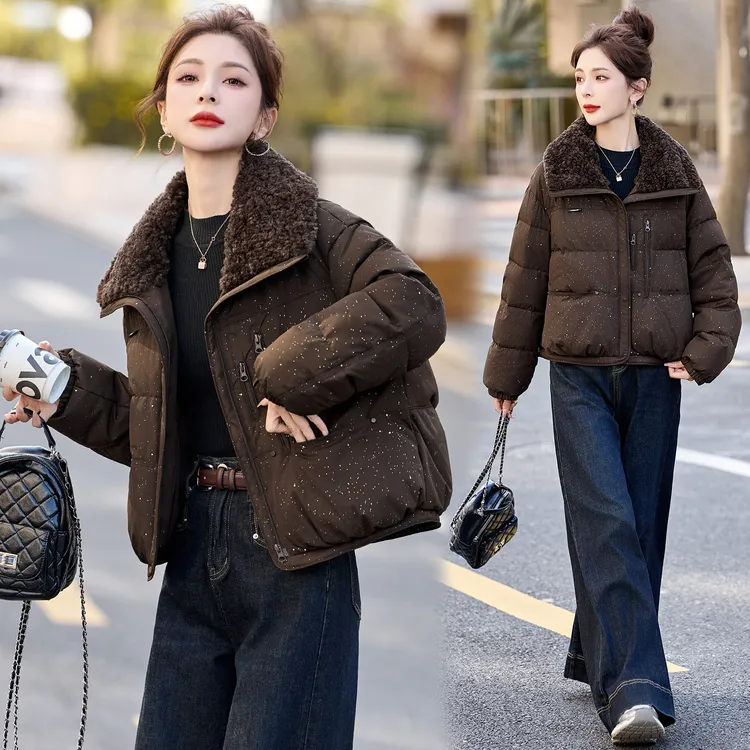 羊羔毛大翻领羽绒服女冬季小个子高端时尚洋气时髦加厚白鸭绒外套