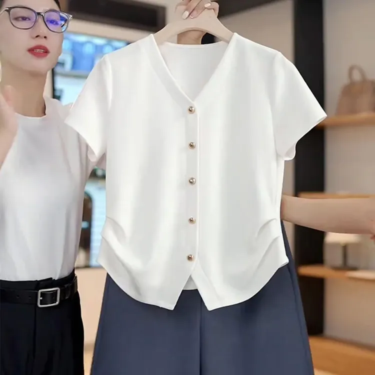 白色冰丝V领短袖t恤女夏薄款外搭开衫半袖T恤高级感配吊带裙上衣