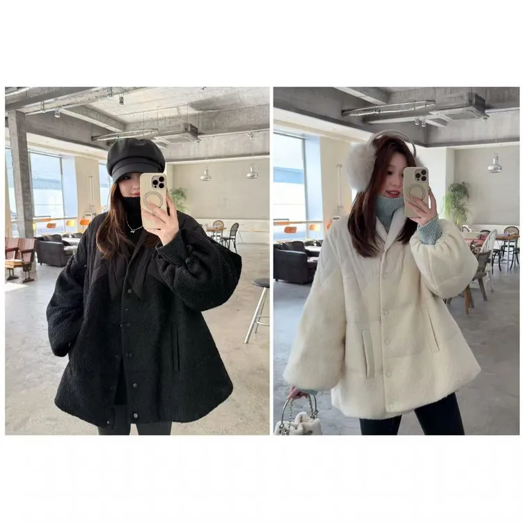 晶咕佳佳【优雅公式】下摆拼接毛呢按扣羽绒服时尚休闲百搭宽松韩版
