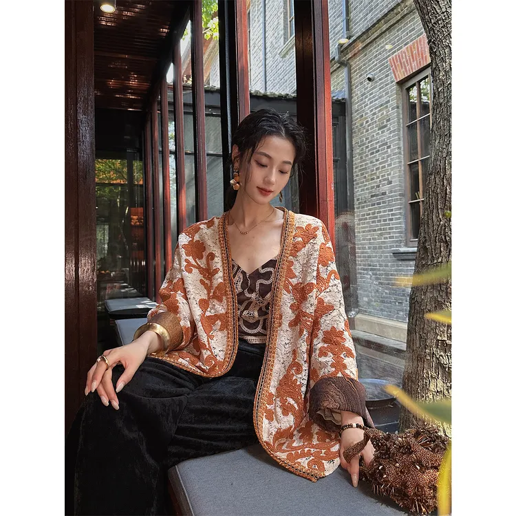 三吉黑花【怀誉】股线扎染蕾丝盘绳绣外袍巨好看的早秋外套爆款