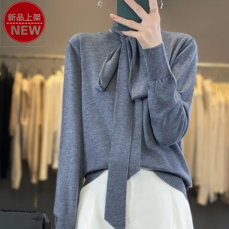 哥弟阿玛施正品2025新款飘带领法式优雅时尚纯色气质休闲针织衫女