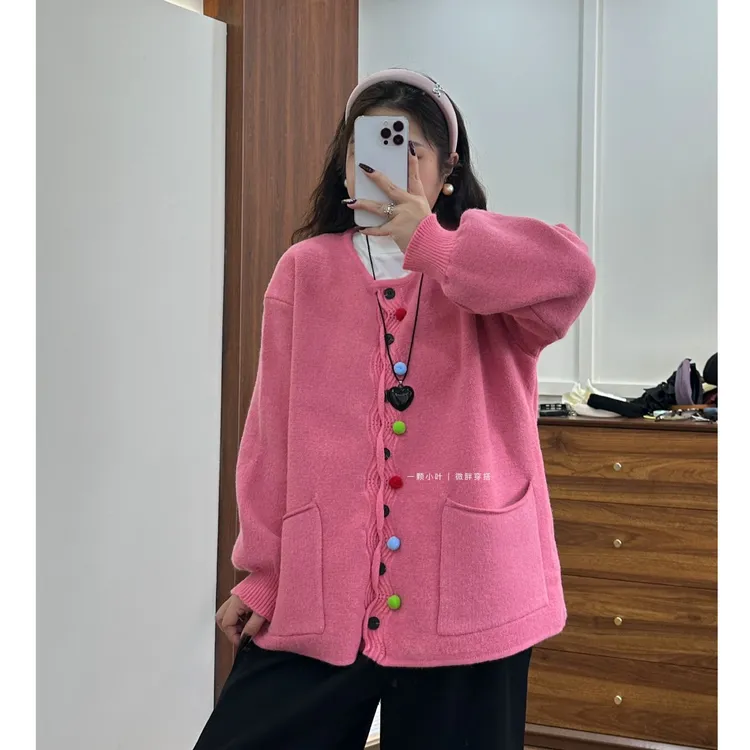 【一颗小叶】秋冬圆领彩色纽扣套头毛衣开衫