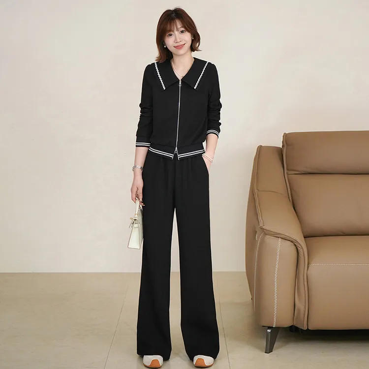 黑色休闲运动套装女2025春秋洋气减龄显瘦开衫上衣阔腿裤两件套