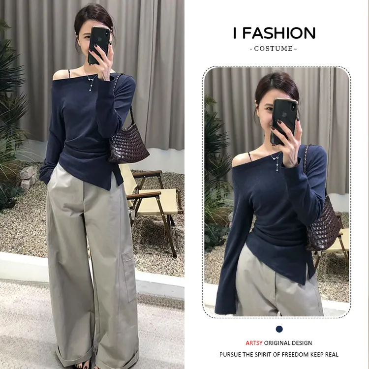 高含棉韩版时尚露肩长袖t恤女2025年春秋新款洋气百搭设计感上衣