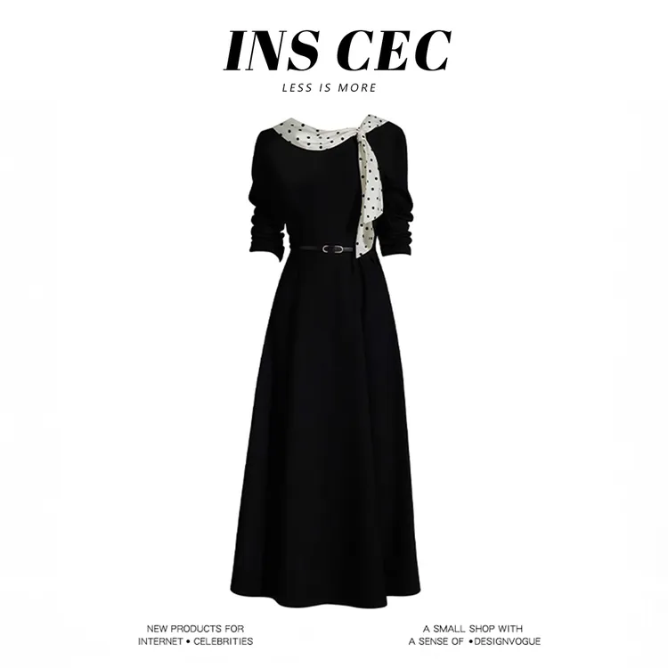 INS CEC法式气质显瘦轻奢优雅连衣裙女赫本风泡泡袖波点小黑裙