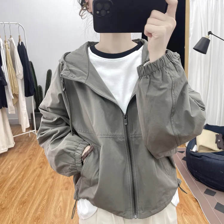韩版时尚女装宽松连帽纯棉开衫拉链休闲百搭显瘦夹克冲锋衣外套女