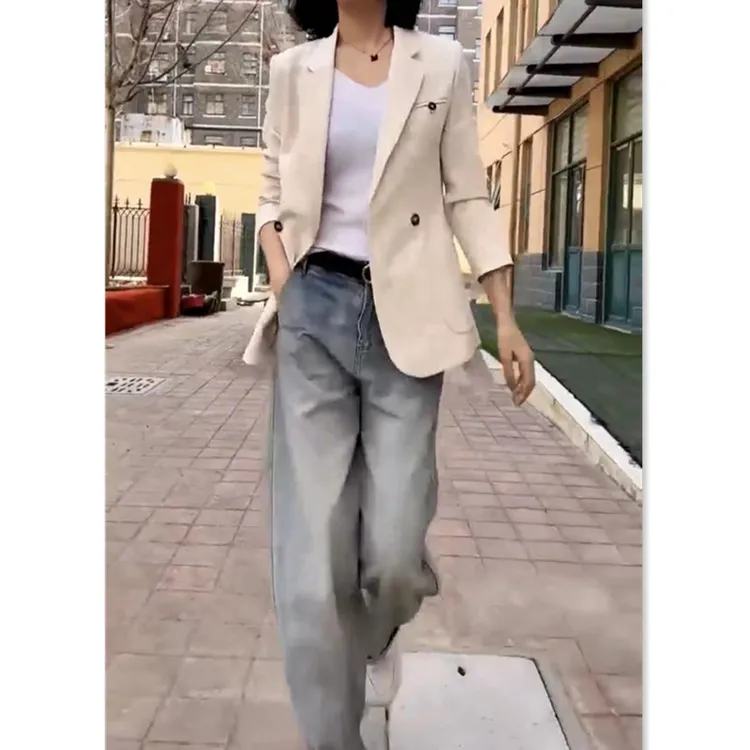 新款洋气时尚百搭韩版翻领休闲西服外套水洗牛仔阔腿长裤女装