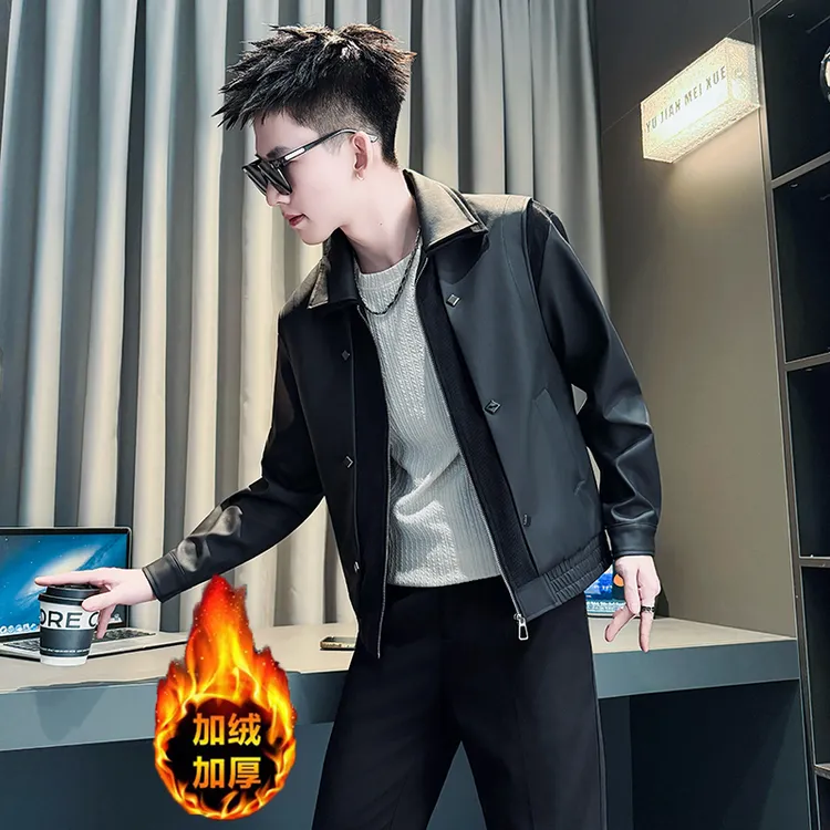 男士皮衣外套秋冬季2025新款爆款男装痞帅上衣翻领时尚拼接皮夹克