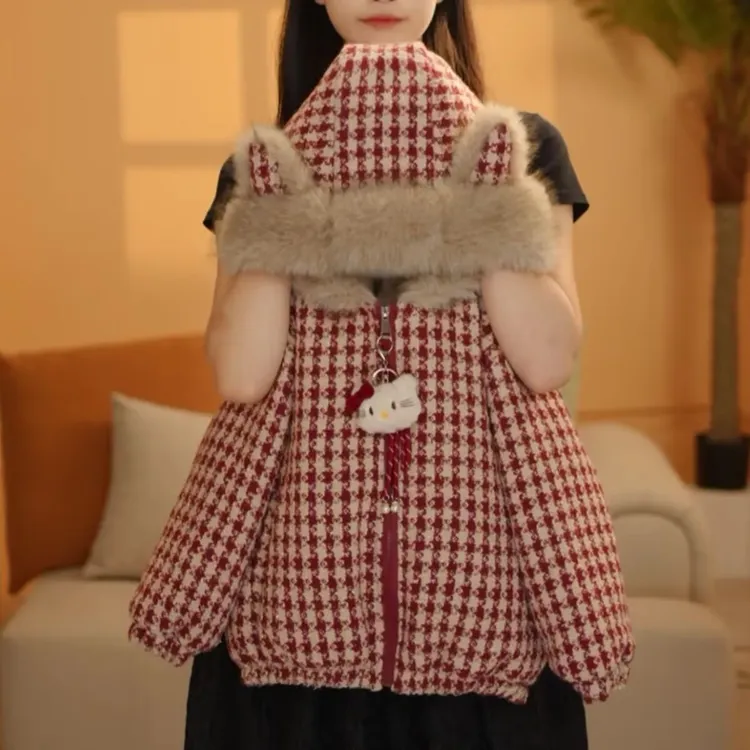 女童毛茸千鸟格加厚外套2025新款冬季保暖大衣女孩加绒格子派克服