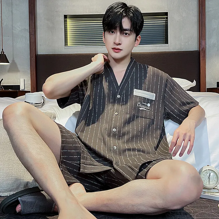 夏季开衫男士睡衣套装薄款短袖和服家居服韩版可外穿休闲青少年