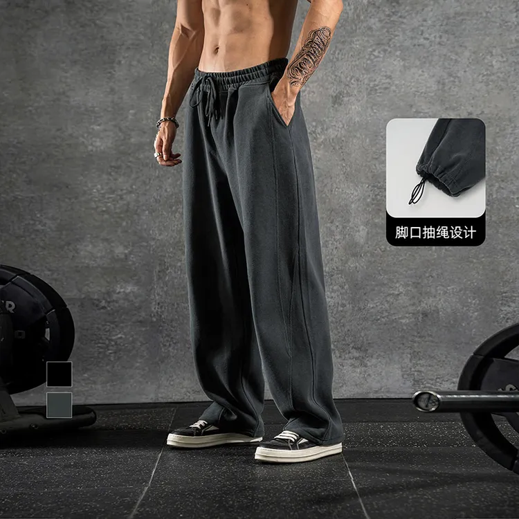 鹿家门秋冬新款阔腿休闲裤直筒美式运动长裤大码休闲训练健身卫裤