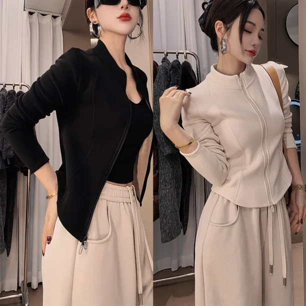 莎火火-冬季上新加绒加厚保暖立领拉链修身显瘦小外套女6610