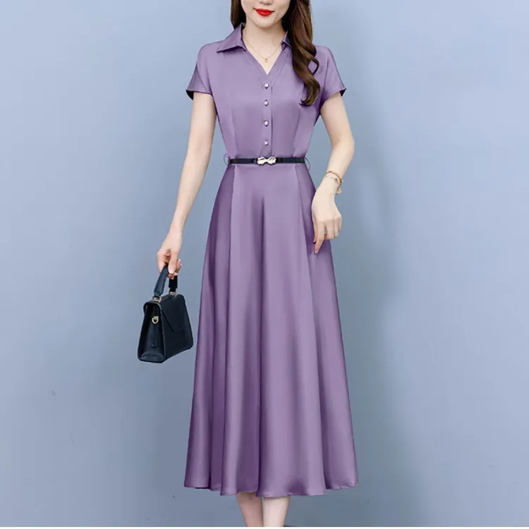 高级感醋酸缎面短袖连衣裙女夏季新款气质显瘦洋气收腰大摆长裙子