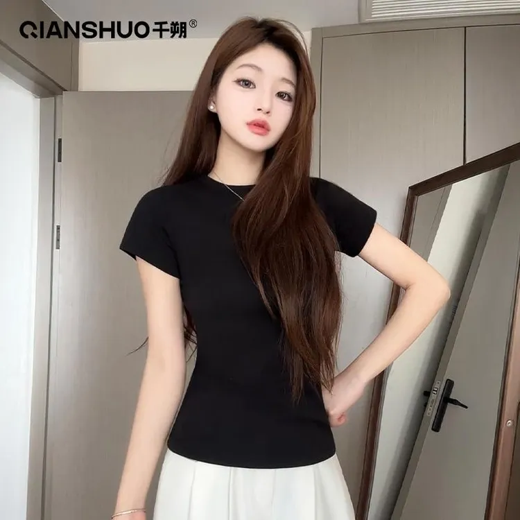 千朔25夏季凉感正肩T恤女性感辣妹短袖收腰显瘦显身材性感上衣