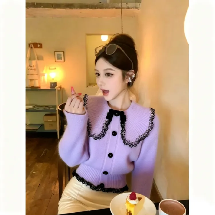 2025秋冬巨好看气质温柔高级感紫色娃娃领蕾丝拼接针织毛衣女上衣