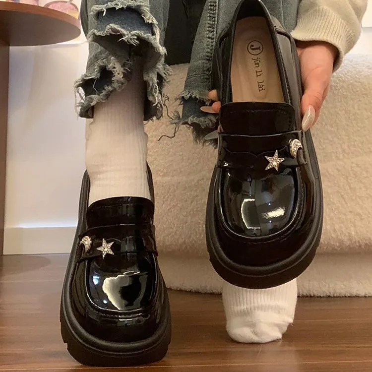 乐福鞋女日系学院风星月水钻厚底2025年夏季新款jk制服小皮鞋单鞋