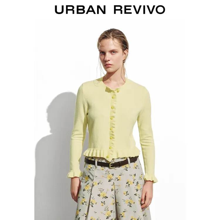 UR2025冬季新款女装休闲荷叶边圆领短款针织开衫UYL950232