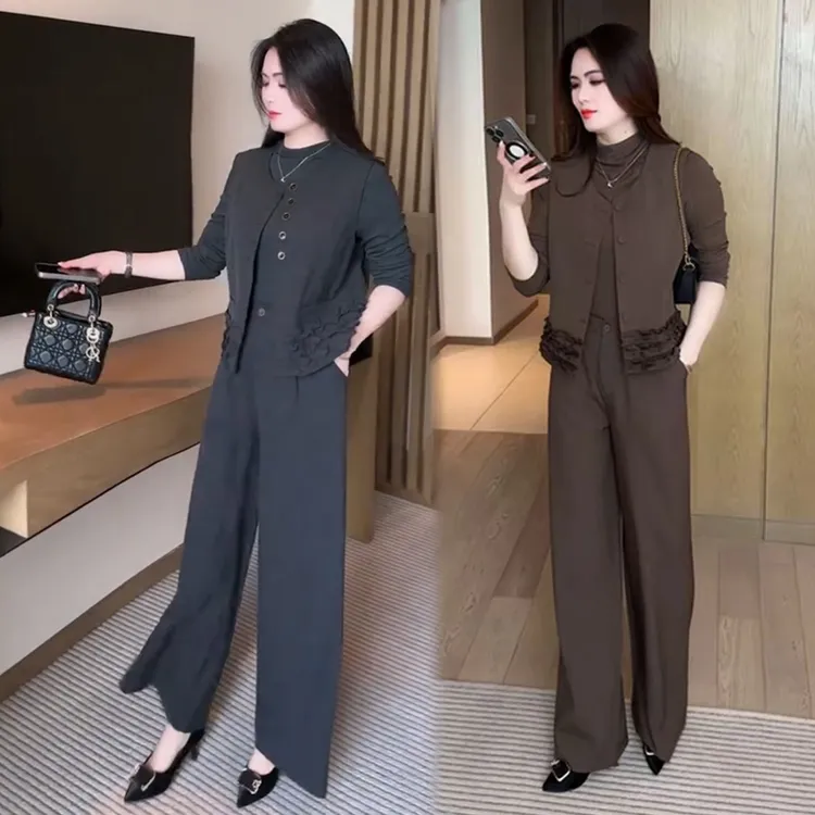 气质穿搭套装女秋季小众显瘦木耳边拼接马甲阔腿裤洋气时髦三件套