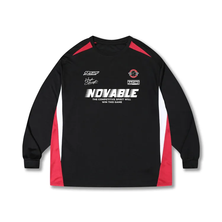 秋季美式赛车图案长袖拼接设计透气速干宽松跑步训练投篮服健身