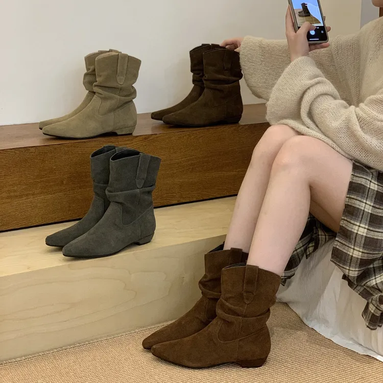 牛皮版！复古低跟尖头西部牛仔堆堆靴女秋冬新款马丁靴百搭瘦瘦靴