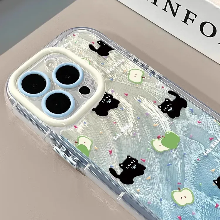 黑猫适用苹果16promax手机壳奶油羽纱纹彩绘iphone15pro