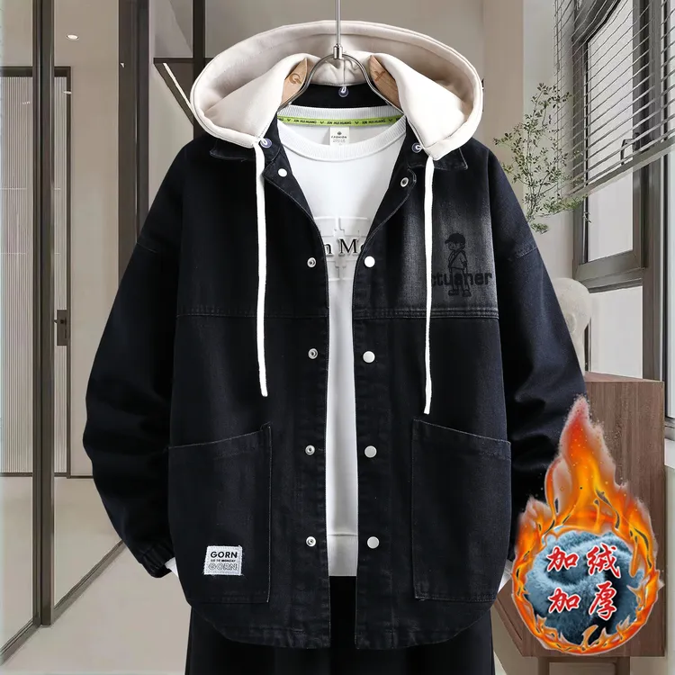秋冬款青少年加绒加厚百搭帅气连帽水洗牛仔外套韩系休闲夹克褂子