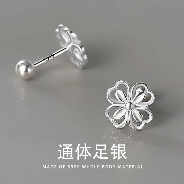 足银耳饰 999纯银花朵耳钉女时尚甜美百搭款养耳洞螺丝款足银耳饰