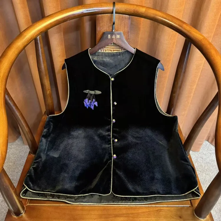 【锦烟】新中式女装丝绒洋气复古百搭无袖中国风时尚休闲马夹女