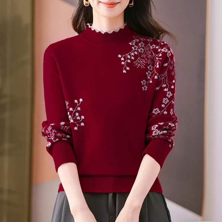 秋冬新款薄款绵羊毛衫安哥拉红色毛衣女洋气妈妈百搭半高领打底衫