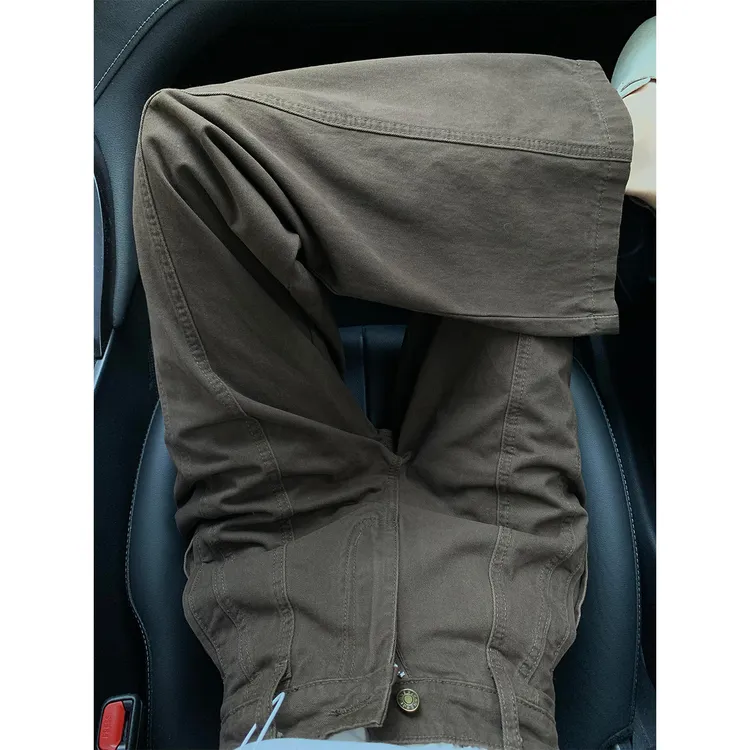 美式复古咖色阔腿牛仔裤女秋季新款胖mm梨形身材高腰显瘦直筒裤子