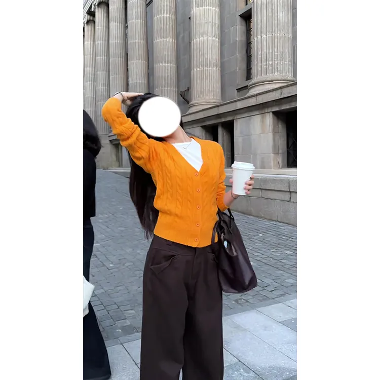 MARIE.COCO秋季新款橘色v领麻花长袖针织开衫内搭上衣阔腿裤套装