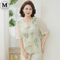 m030夏装中袖T恤新中式国风上衣印花V领复古小衫