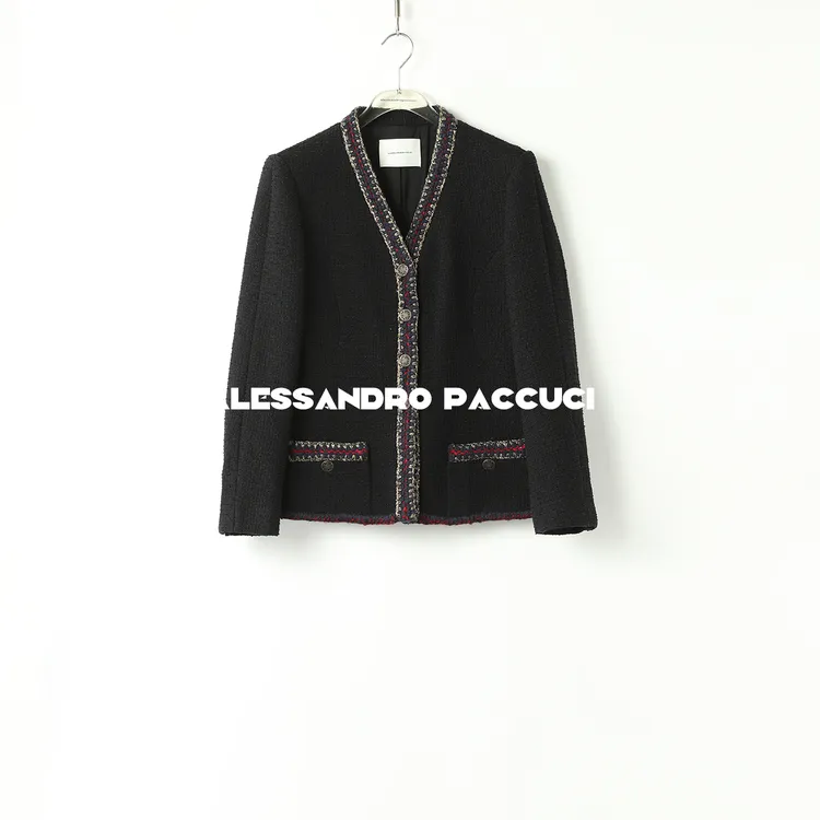 AP洛哥43070WX【希腊女神 】古着感V领黑色复古小香风外套2024秋