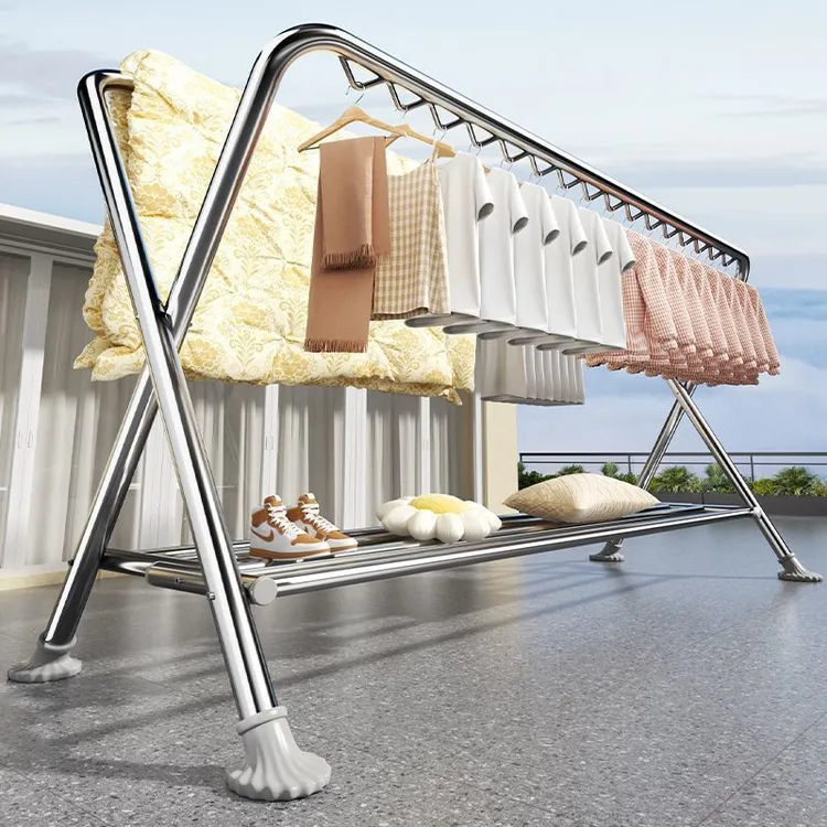 钢管晾衣架折叠落地家用阳台挂衣服室外户外防风双杆晒被子晾衣杆