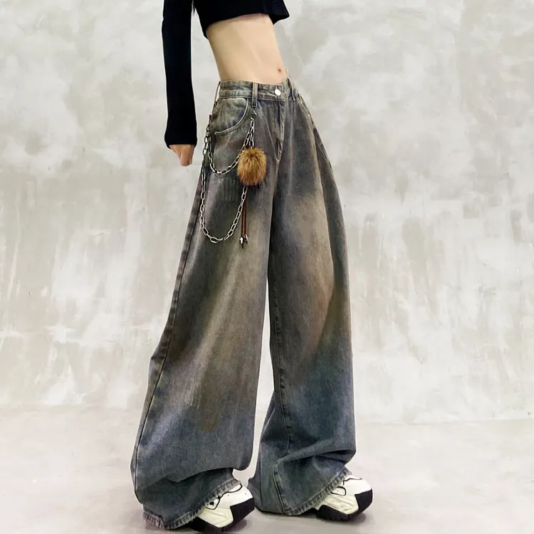 扎染色水洗休闲牛仔弯刀裤女冬新款高腰宽松显瘦百搭直筒香蕉裤子