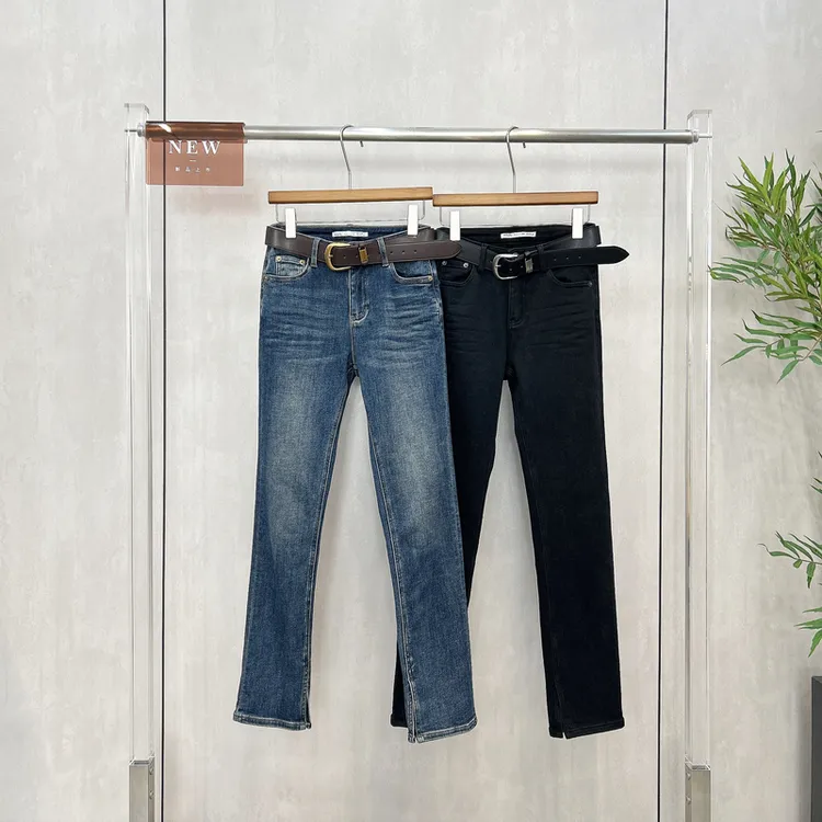 唯速WEISU冬季新高腰修身显瘦微喇开叉牛仔裤女洋气百搭长裤52811