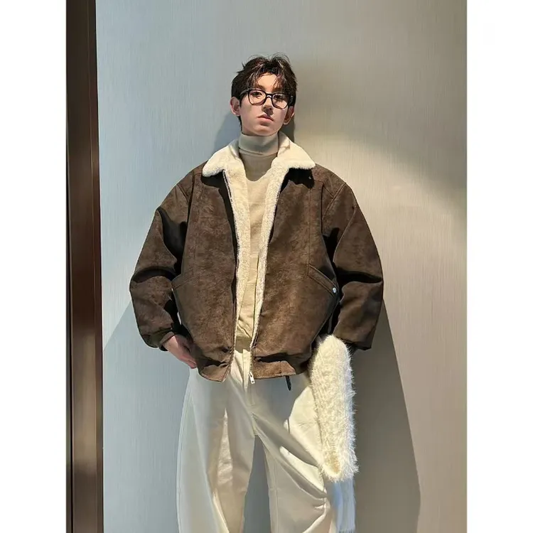 美拉德扎染羊羔绒外套男款冬季特厚保暖工装棉衣美式PU皮夹克棉服