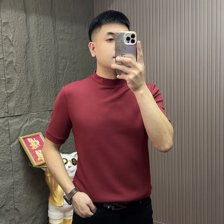 2025-35236短袖纯色半高领圆领秋冬冬季T恤修身男士加绒潮流