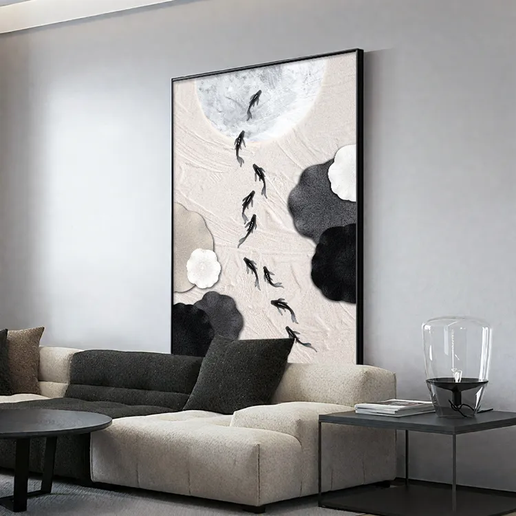 现代简约九鱼图客厅装饰画高级感沙发背景墙挂画适合大白墙壁画