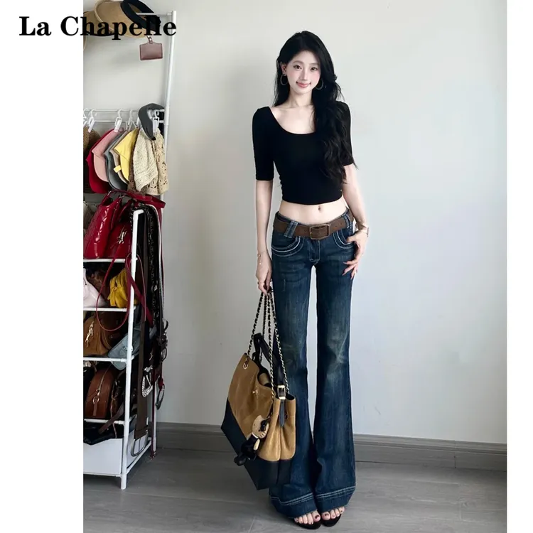 La Chapelle/拉夏贝尔低腰微喇叭牛仔裤女2025秋季美式紧身喇叭裤