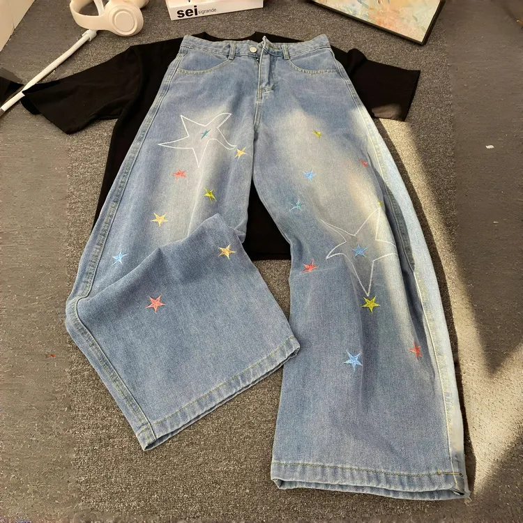 美式星星刺绣高腰阔腿牛仔裤女高街痞帅潮设计感宽松时尚百搭裤子