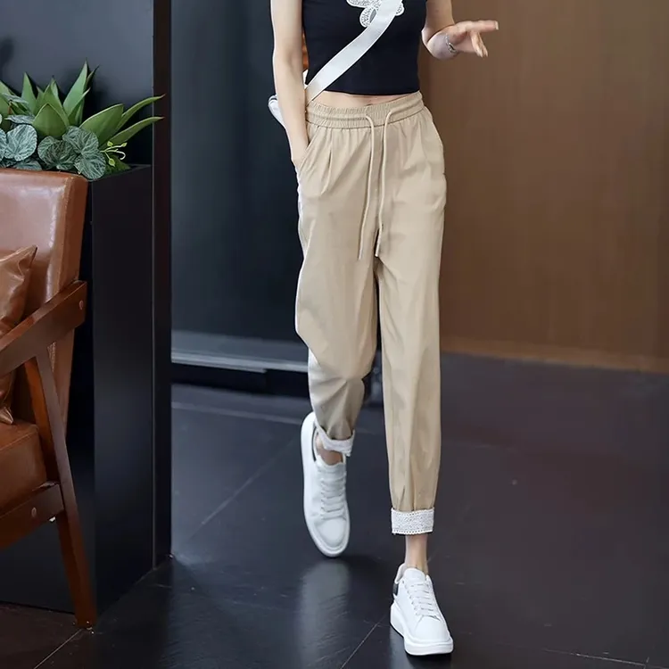 哈伦裤女2025夏季新款小个子卷边蕾丝花边直筒显瘦萝卜老爹运动裤