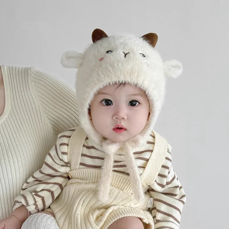 婴儿帽子秋冬季毛绒护耳帽男女宝宝外出保暖防风加厚针织帽套头帽