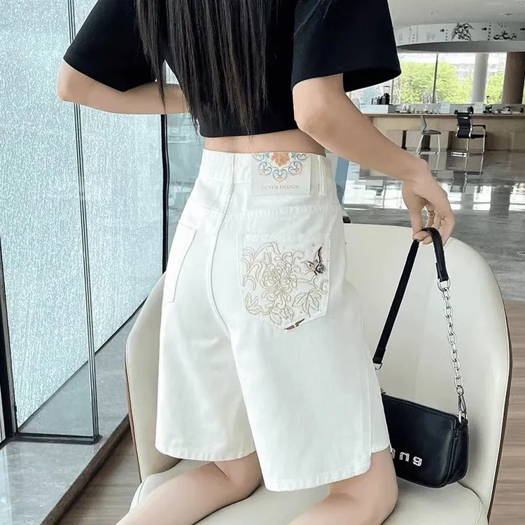 设计感中国风五分牛仔短裤女2025夏季新款高腰白色宽松热裤潮ins
