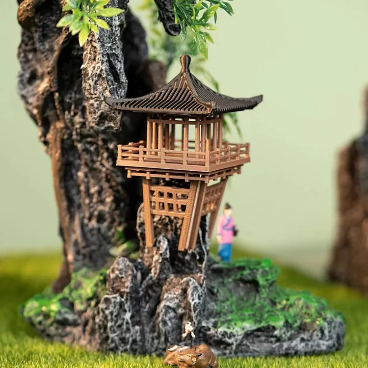 悬空亭凉亭3D模型复古国风微景观假山古假山石造景鱼缸小摆件