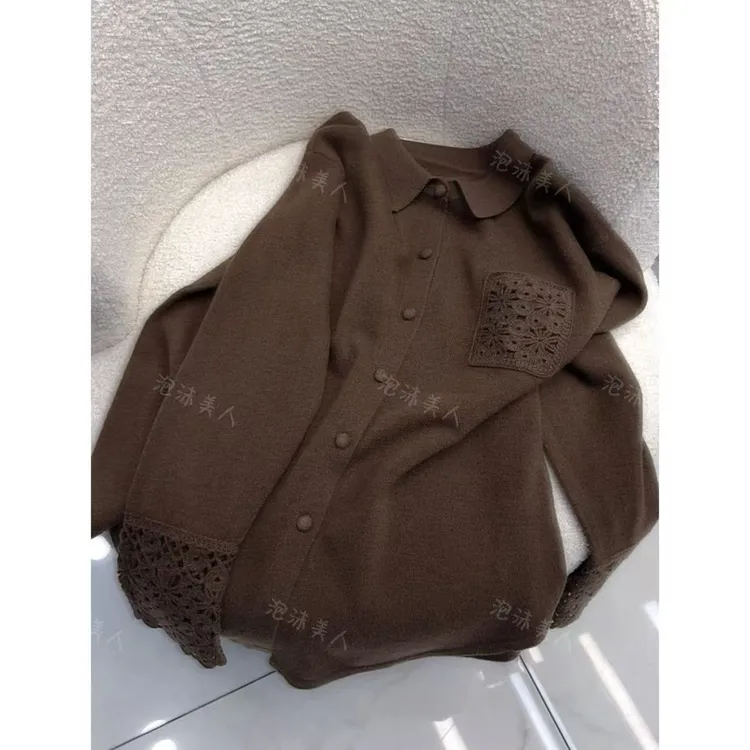 乌木棕蕾丝袖」柔软加厚冬季外套polo领衬衫款针织毛衣显白洋气 59
