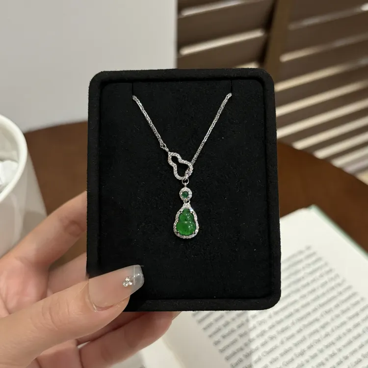 【纯银镶嵌】天然翡翠双葫芦吊坠葫芦项链银链条吊坠s925银送女友