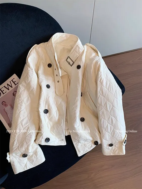米白色立领双排扣菱格棉服外套女2025年新款简约休闲气质轻薄上衣