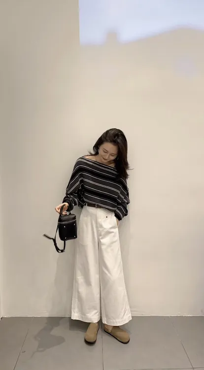 时尚套装两件套2025条纹斜肩上衣气质显瘦洋气休闲百搭宽松长裤女