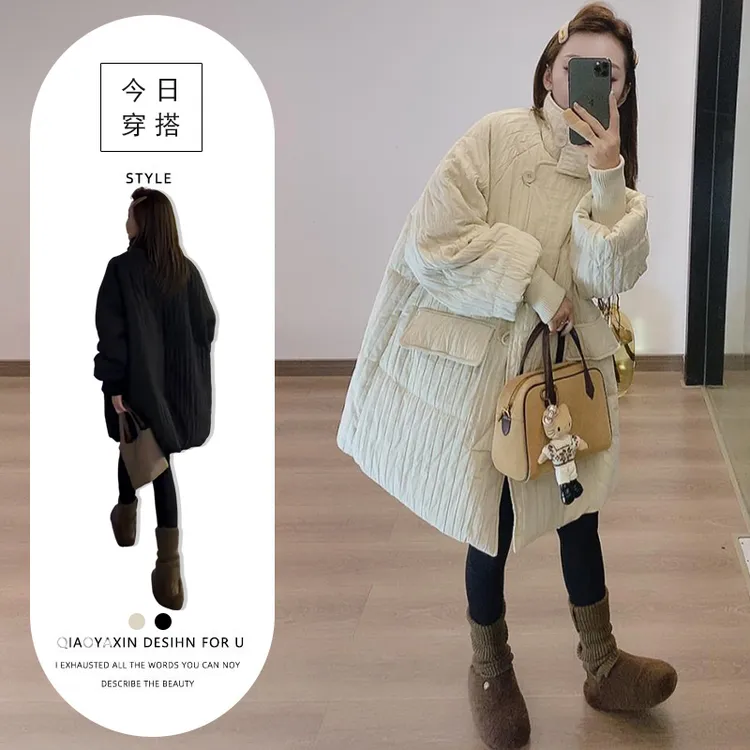 小众独特别致棉服女秋冬季新款赫本风褶皱休闲中长款时尚减龄外套